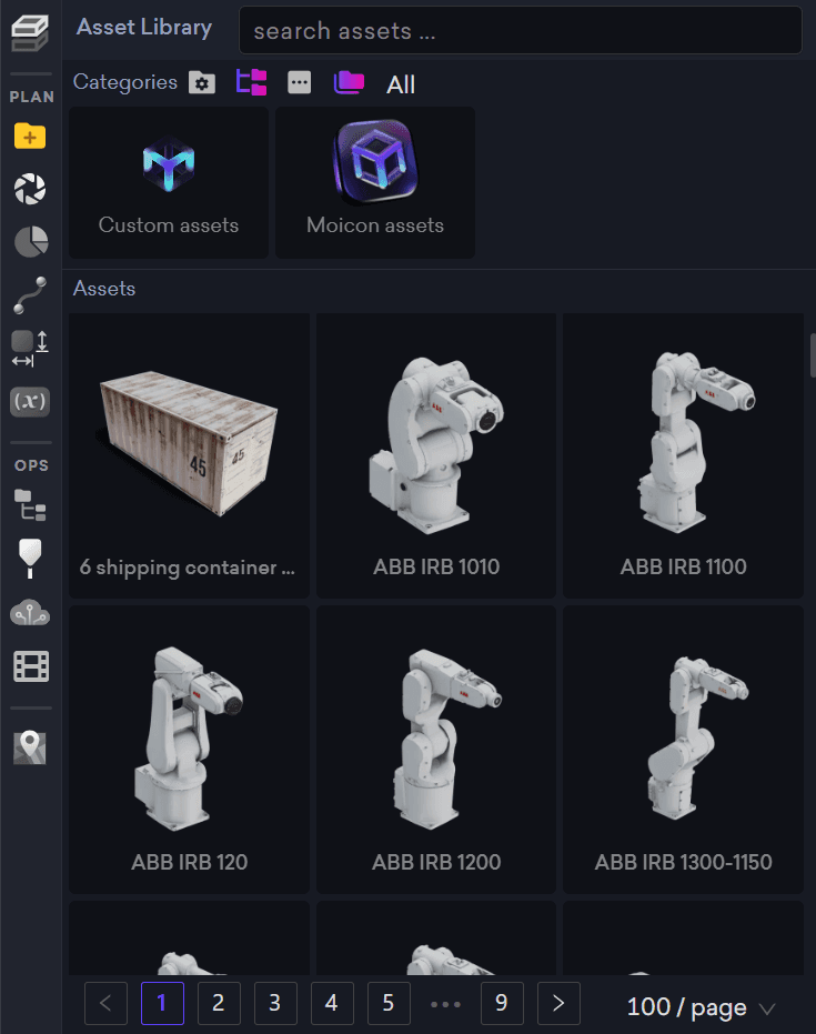 Moicon asset library showing 3D models of industrial robots and shipping containers