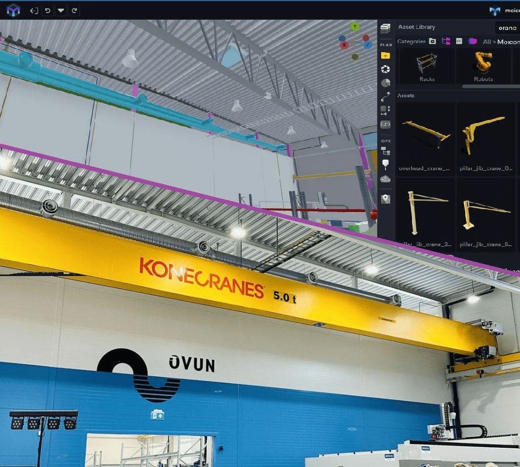 Side by side view of a real-life crane and it's digital twin.